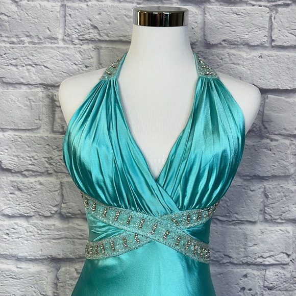 Badgley Mischka Aqua Sleeveless Stretch Prom Wedding Gown Formal Dress Size 0 - Picture 5 of 15